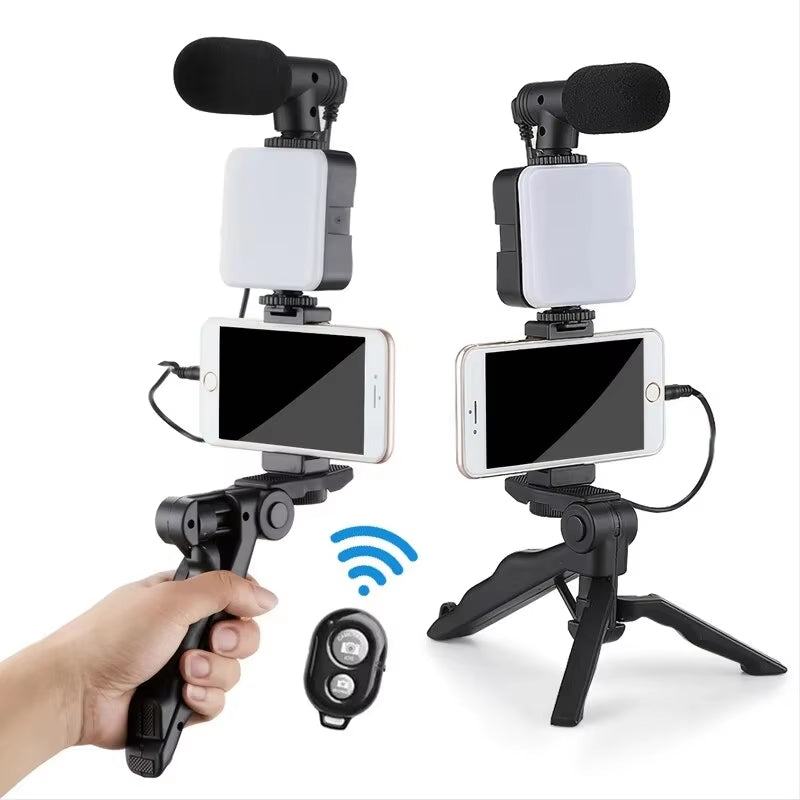 Smartphone Vlogging Kit with Tripod Phone Holder Mini Microphone LED Fill Light Starter for Tiktok Live Stream Video Youtube