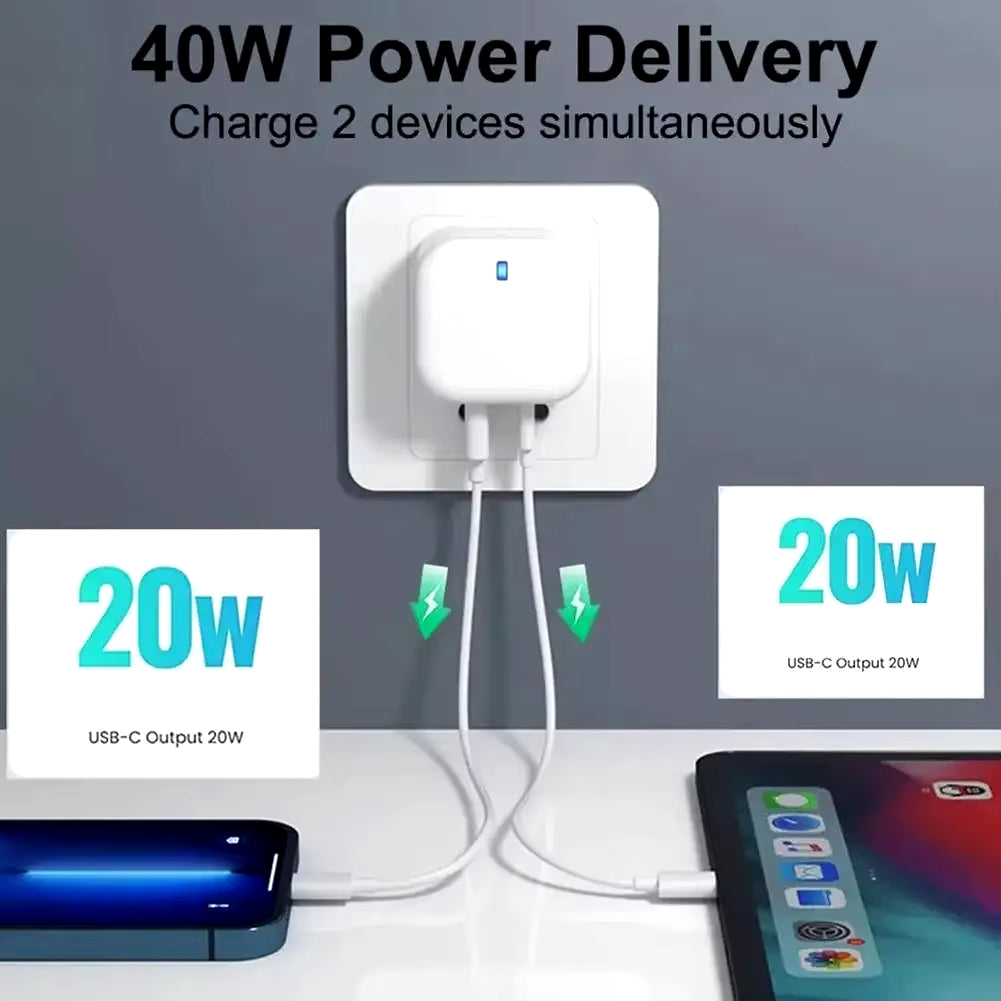 40W Dual USB C Type C PD Wall Charger Fast Quick Charging Power Adapters for Ipad 2 3 4 Iphone 11 12 13 14 15 Xiaomi Huawei